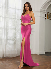 Strass Dekor Etui Kleid mit Schlitz Fuchsia