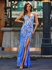 Bodycon Hoher Schlitz Spitze Oberteil Tüll Kleid Königsblau