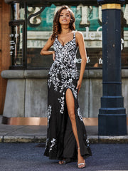 Bodycon Hoher Schlitz Spitze Oberteil Tüll Kleid Schwarz Übergröße