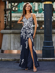 Bodycon Hoher Schlitz Spitze Oberteil Tüll Kleid Dunkelmarine Übergröße