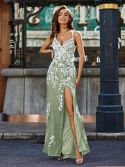 Bodycon Hoher Schlitz Spitze Oberteil Tüll Kleid Staubiges Salbei