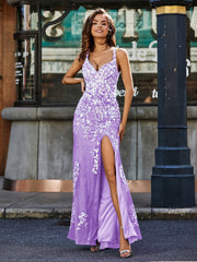 Bodycon Hoher Schlitz Spitze Oberteil Tüll Kleid Lila Übergröße