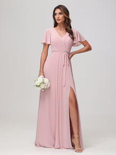 Flatterärmel Rüschen Chiffon Kleid mit Gürtel Staubige Rosa