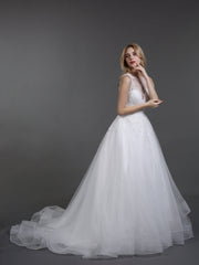 Spitze und Tüll Brautkleid mit Illusion Ausschnitt Champagner