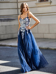 Spitze Applique Offener Rücken Lang Tüll Kleid Dunkelmarine Übergröße