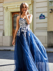 Spitze Applique Offener Rücken Lang Tüll Kleid Dunkelmarine Übergröße