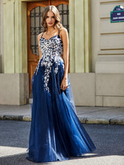 Spitze Applique Offener Rücken Lang Tüll Kleid Dunkelmarine Übergröße
