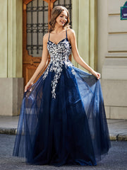 Spitze Applique Offener Rücken Lang Tüll Kleid Dunkelmarine