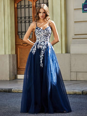 Spitze Applique Offener Rücken Lang Tüll Kleid Dunkelmarine