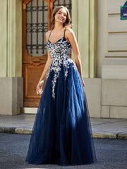 Spitze Applique Offener Rücken Lang Tüll Kleid Dunkelmarine