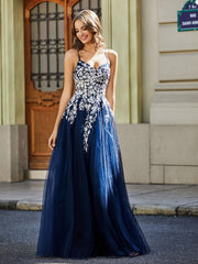 Spitze Applique Offener Rücken Lang Tüll Kleid Dunkelmarine