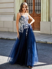 Spitze Applique Offener Rücken Lang Tüll Kleid Dunkelmarine Übergröße