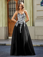 Spitze Applique Offener Rücken Lang Tüll Kleid Schwarz Übergröße