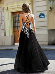 Spitze Applique Offener Rücken Lang Tüll Kleid Schwarz