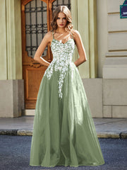 Spitze Applique Offener Rücken Lang Tüll Kleid Staubiges Salbei