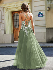 Spitze Applique Offener Rücken Lang Tüll Kleid Staubiges Salbei