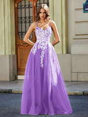 Spitze Applique Offener Rücken Lang Tüll Kleid Lila
