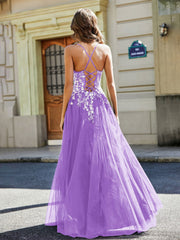 Spitze Applique Offener Rücken Lang Tüll Kleid Lila