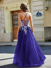 Spitze Applique Offener Rücken Lang Tüll Kleid Königsblau