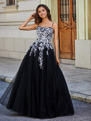 Applique Oberteil Offener Rücken Tüll Spitze Kleid Schwarz Übergröße