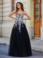 Applique Oberteil Offener Rücken Tüll Spitze Kleid Schwarz