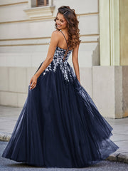 Applique Oberteil Offener Rücken Tüll Spitze Kleid Dunkelmarine