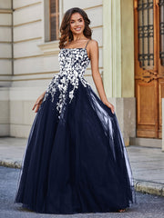 Applique Oberteil Offener Rücken Tüll Spitze Kleid Dunkelmarine