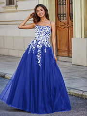 Applique Oberteil Offener Rücken Tüll Spitze Kleid Königsblau