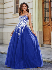Applique Oberteil Offener Rücken Tüll Spitze Kleid Königsblau