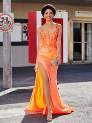 Spitzen Oberteil Rücken Meerjungfrau Pailletten Kleid Orange Übergröße