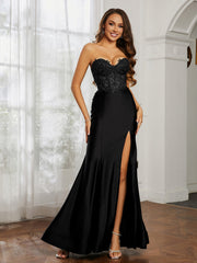 Strass Applique Meerjungfrau Kleid mit Schlitz Schwarz
