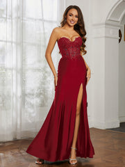 Strass Applique Meerjungfrau Kleid mit Schlitz Burgunderrot