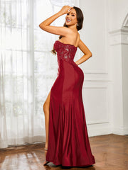 Strass Applique Meerjungfrau Kleid mit Schlitz Burgunderrot