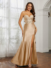 Strass Applique Meerjungfrau Kleid mit Schlitz Champagner