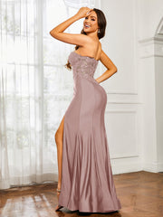 Strass Applique Meerjungfrau Kleid mit Schlitz Staubige Rosa