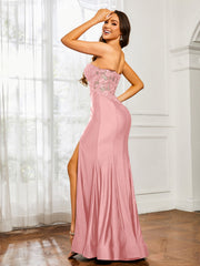 Strass Applique Meerjungfrau Kleid mit Schlitz Flamingo