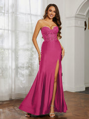 Strass Applique Meerjungfrau Kleid mit Schlitz Fuchsia Übergröße