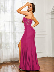 Strass Applique Meerjungfrau Kleid mit Schlitz Fuchsia