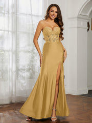 Strass Applique Meerjungfrau Kleid mit Schlitz Gold