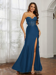 Strass Applique Meerjungfrau Kleid mit Schlitz Tinte blau