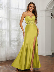 Strass Applique Meerjungfrau Kleid mit Schlitz Zitrone