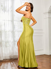Strass Applique Meerjungfrau Kleid mit Schlitz Zitrone