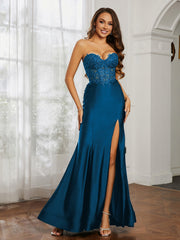 Strass Applique Meerjungfrau Kleid mit Schlitz Meerblau