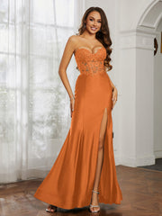 Strass Applique Meerjungfrau Kleid mit Schlitz Orange Übergröße