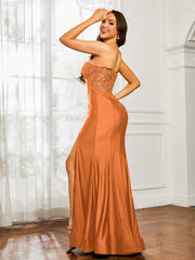 Strass Applique Meerjungfrau Kleid mit Schlitz Orange