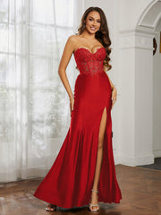 Strass Applique Meerjungfrau Kleid mit Schlitz Rot