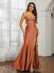 Strass Applique Meerjungfrau Kleid mit Schlitz Rost
