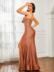 Strass Applique Meerjungfrau Kleid mit Schlitz Rost