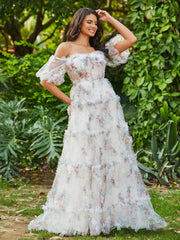 Boho Schulterfrei Rüschenrock Tüll Kleid Elfenbein