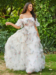 Boho Schulterfrei Rüschenrock Tüll Kleid Elfenbein